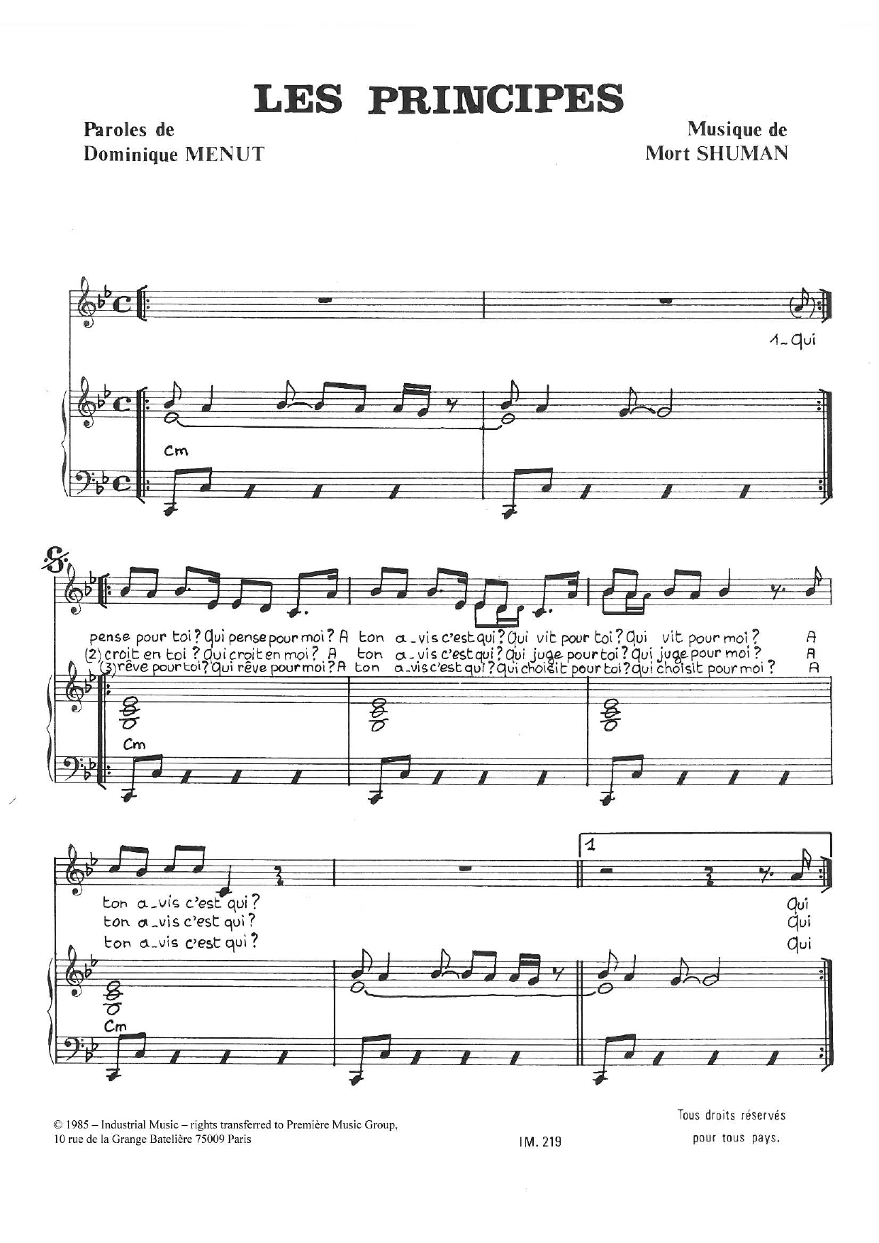 Mort Shuman Les Principes sheet music notes and chords arranged for Piano & Vocal