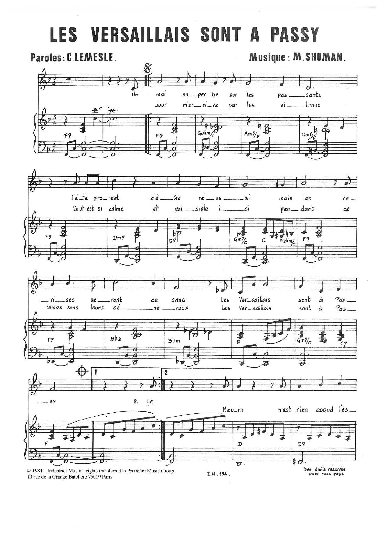 Mort Shuman Les Versaillais Sont A Passy sheet music notes and chords arranged for Piano & Vocal