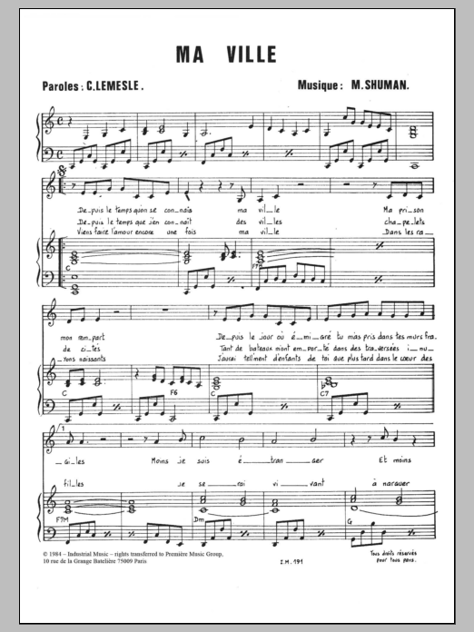 Mort Shuman Ma Ville sheet music notes and chords arranged for Piano & Vocal