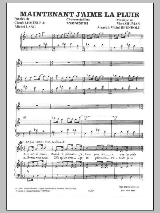Mort Shuman Maintenant J'aime La Pluie sheet music notes and chords arranged for Piano & Vocal