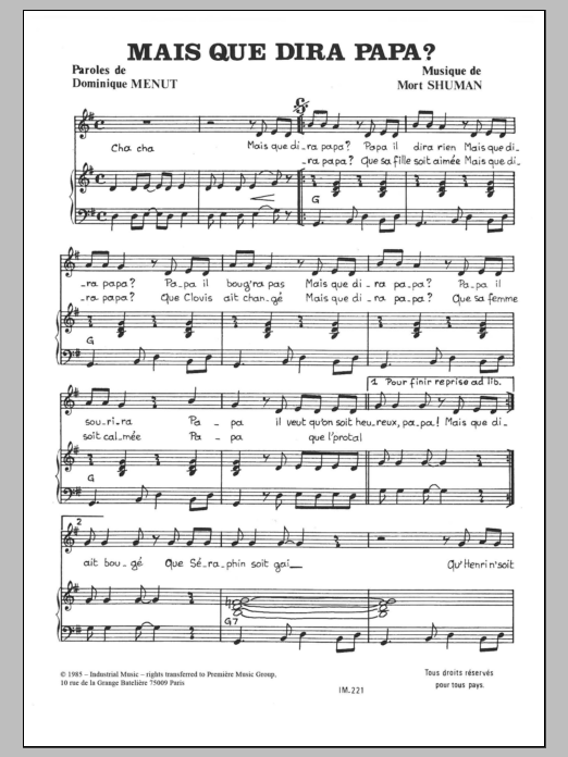 Mort Shuman Mais Que Dira Papa sheet music notes and chords arranged for Piano & Vocal