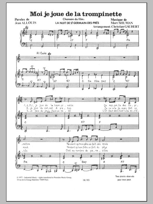 Mort Shuman Moi Je Joue De La Trompinette sheet music notes and chords arranged for Piano & Vocal