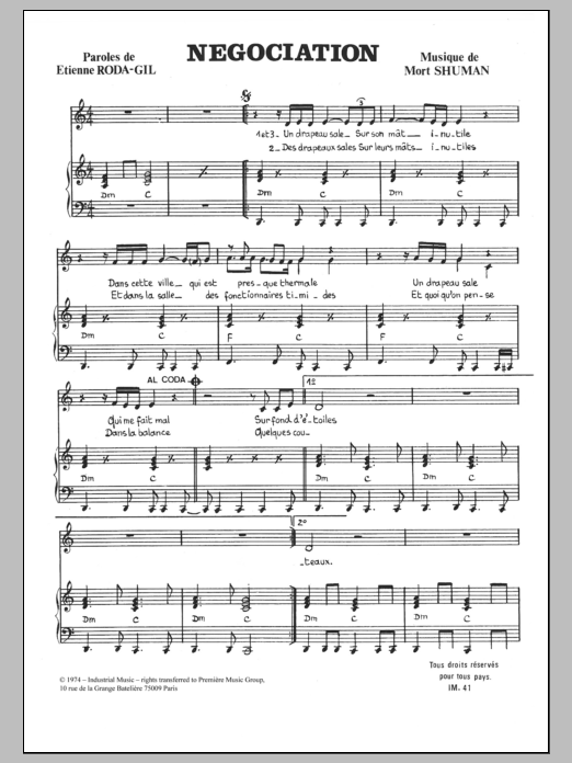 Mort Shuman Negociation sheet music notes and chords arranged for Piano & Vocal