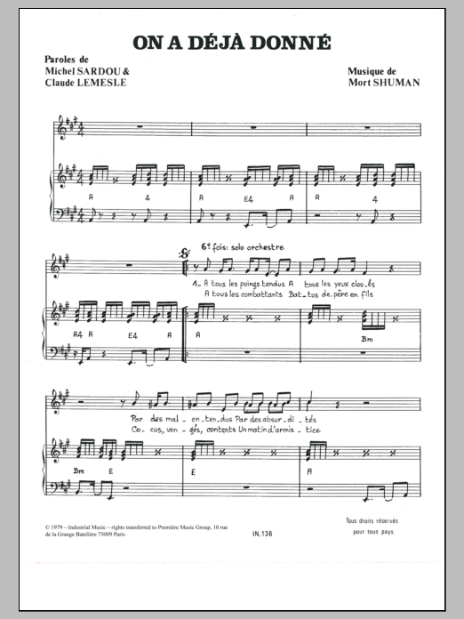 Mort Shuman On A Deja Donne sheet music notes and chords arranged for Piano & Vocal