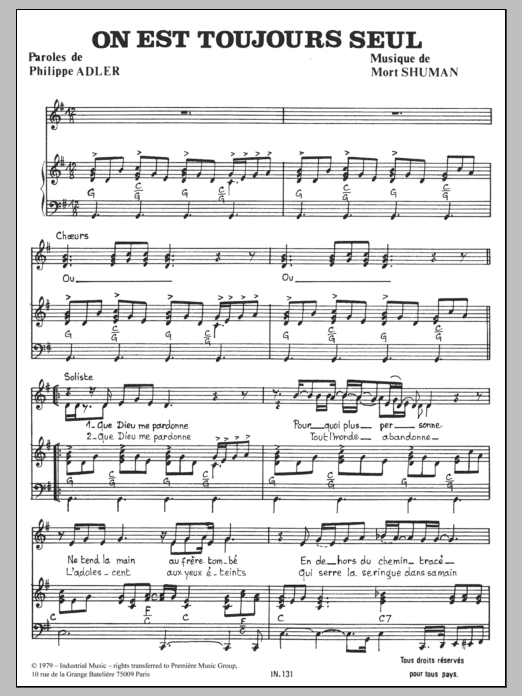 Mort Shuman On Est Toujours Seul sheet music notes and chords arranged for Piano & Vocal