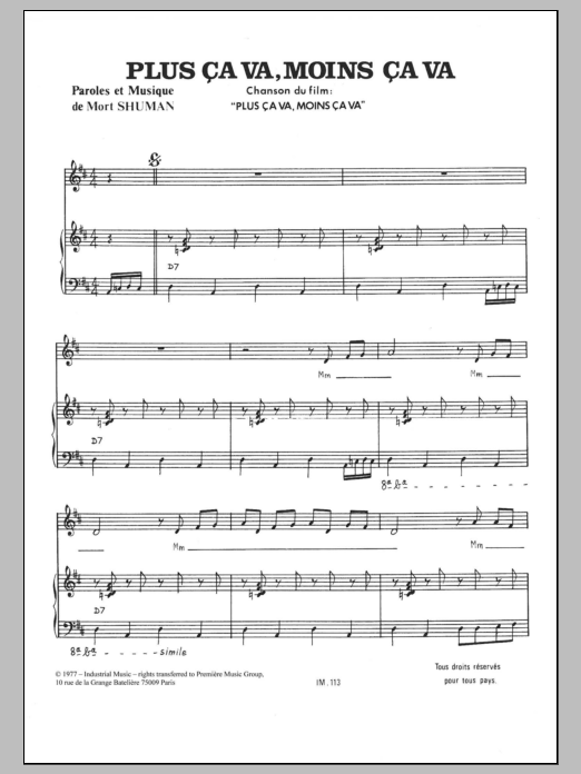 Mort Shuman Plus ca Va, Moins ca Va sheet music notes and chords arranged for Piano & Vocal