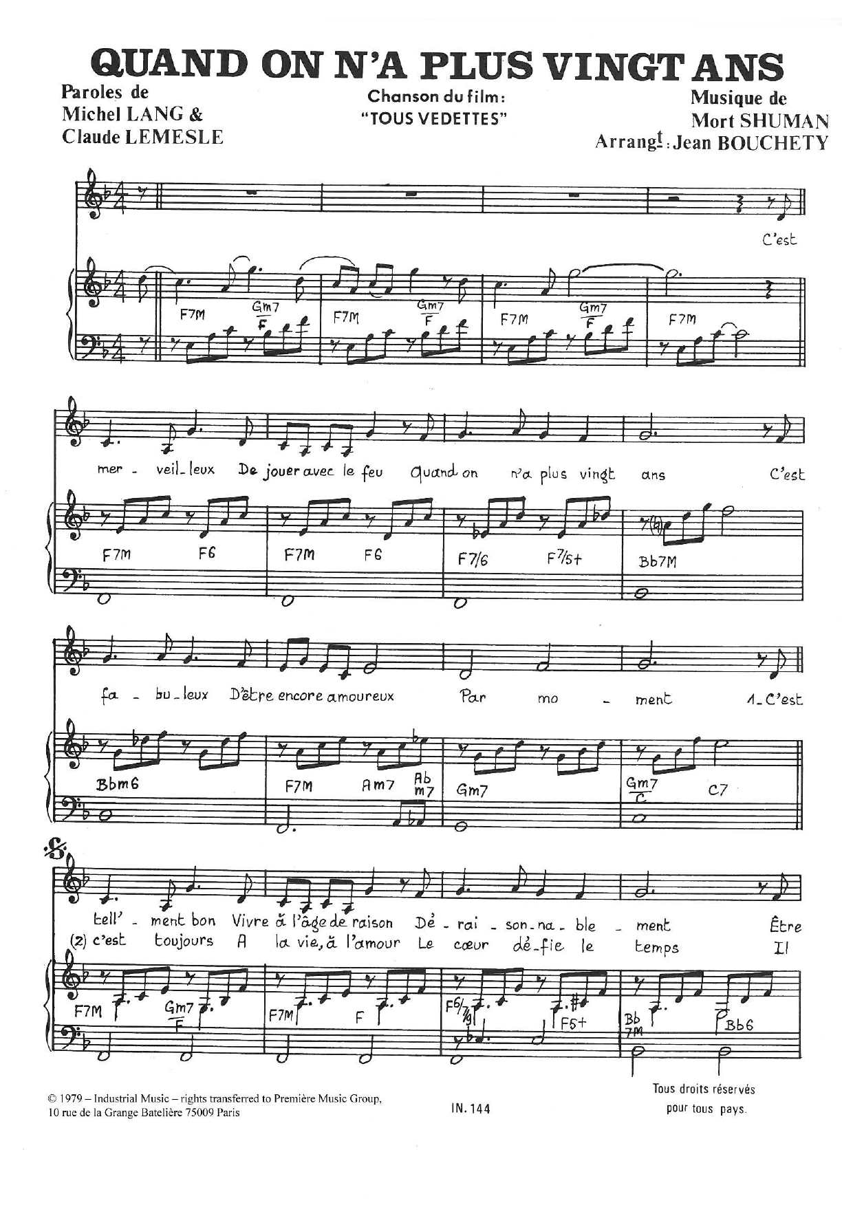 Mort Shuman Quand On A Plus Vingt Ans sheet music notes and chords arranged for Piano & Vocal