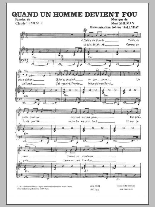Mort Shuman Quand Un Homme Devient Fou sheet music notes and chords arranged for Piano & Vocal