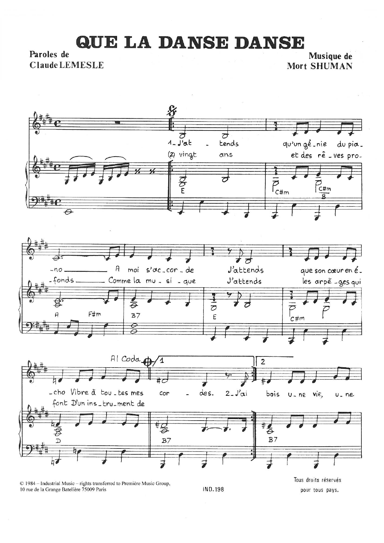 Mort Shuman Que La Danse Danse sheet music notes and chords arranged for Piano & Vocal