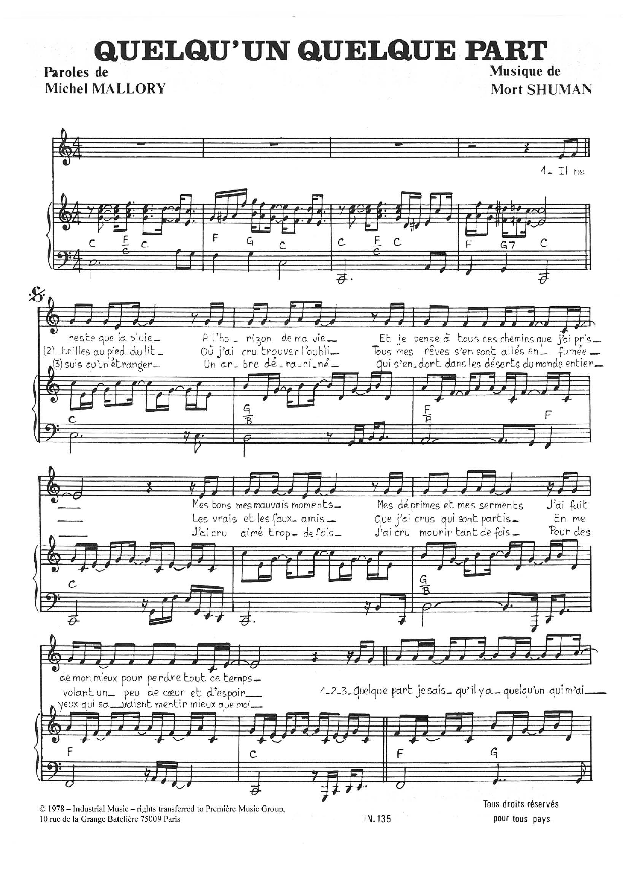 Mort Shuman Quelqu'un Quelque Part sheet music notes and chords arranged for Piano & Vocal