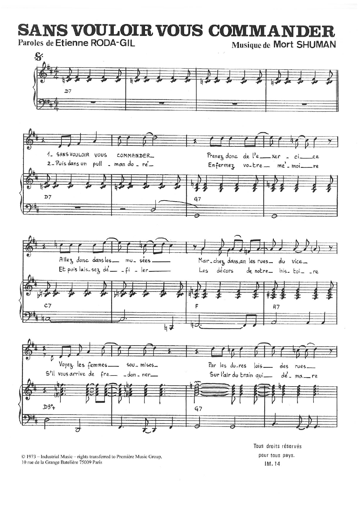 Mort Shuman Sans Vouloir Vous Commander sheet music notes and chords arranged for Piano & Vocal