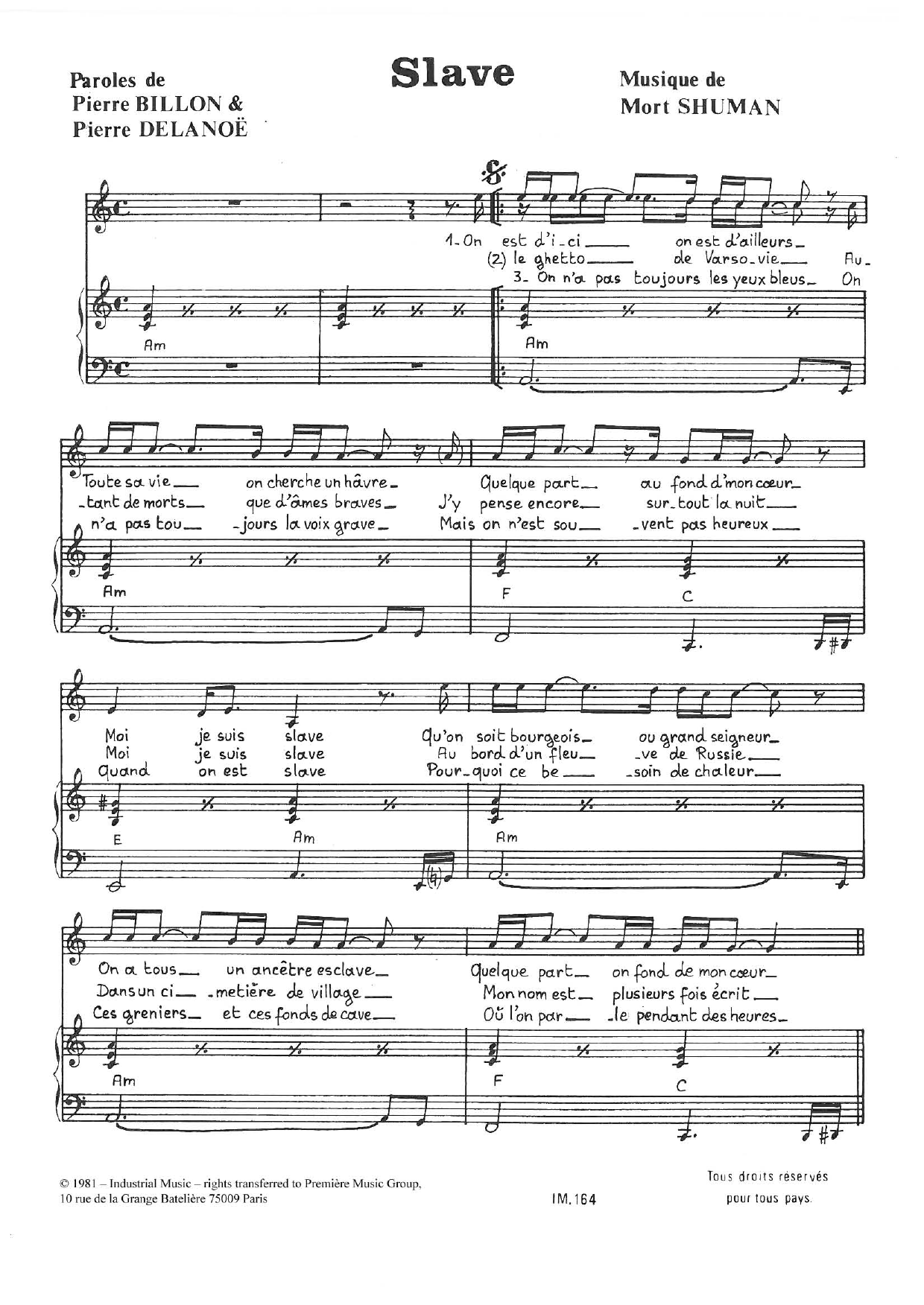 Mort Shuman Slave sheet music notes and chords arranged for Piano & Vocal