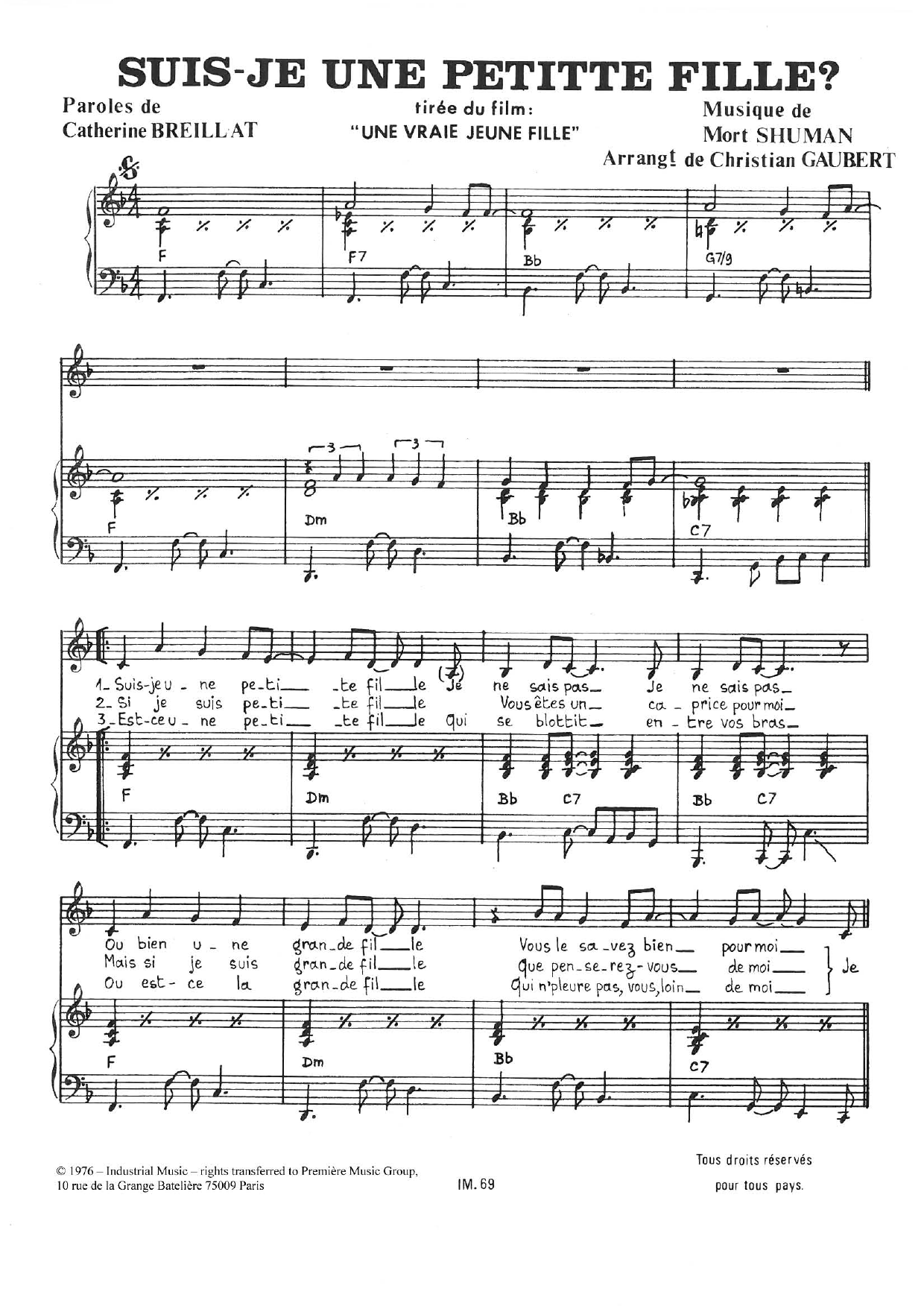 Mort Shuman Suis-Je Une Petite Fille sheet music notes and chords arranged for Piano & Vocal