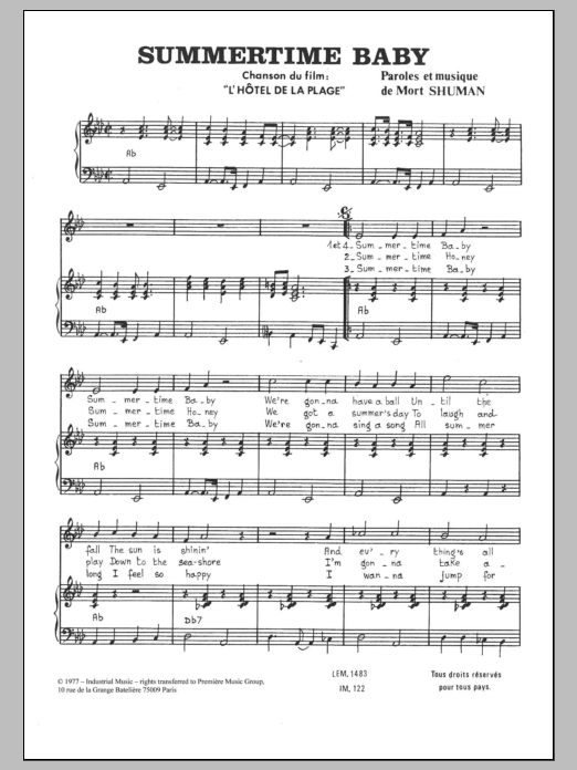 Mort Shuman Summertime Baby sheet music notes and chords arranged for Piano & Vocal