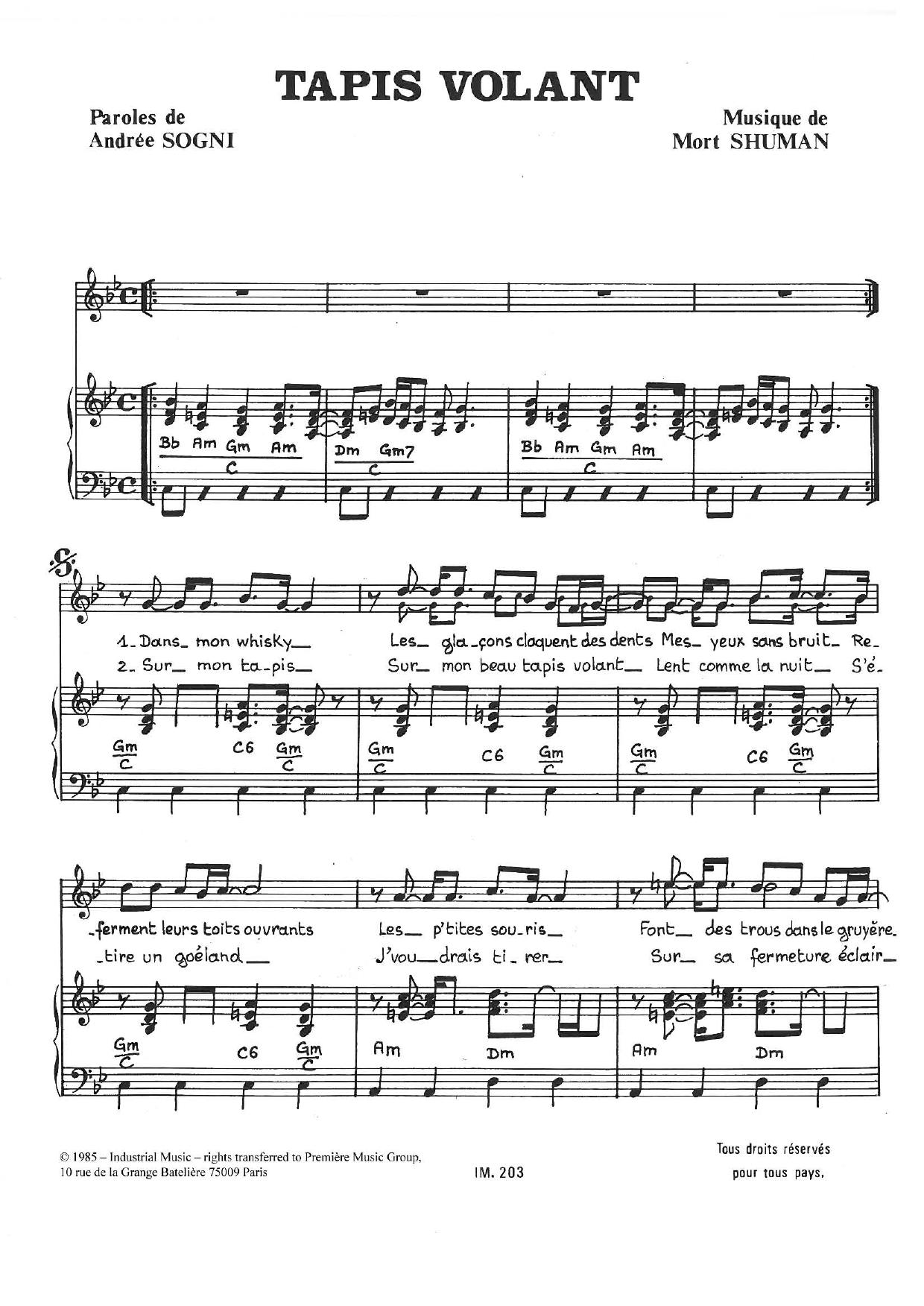 Mort Shuman Tapis Volant sheet music notes and chords arranged for Piano & Vocal