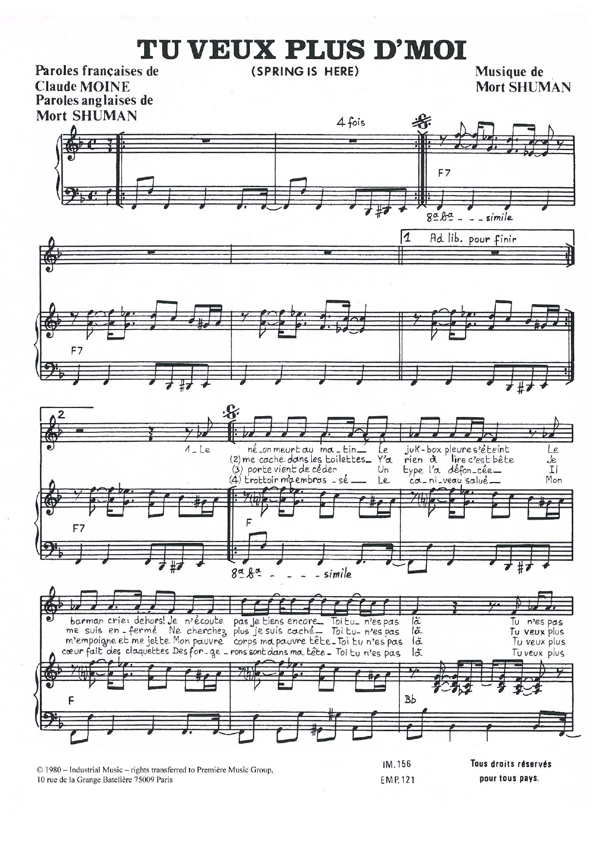 Mort Shuman Tu Veux Plus D'moi sheet music notes and chords arranged for Piano & Vocal