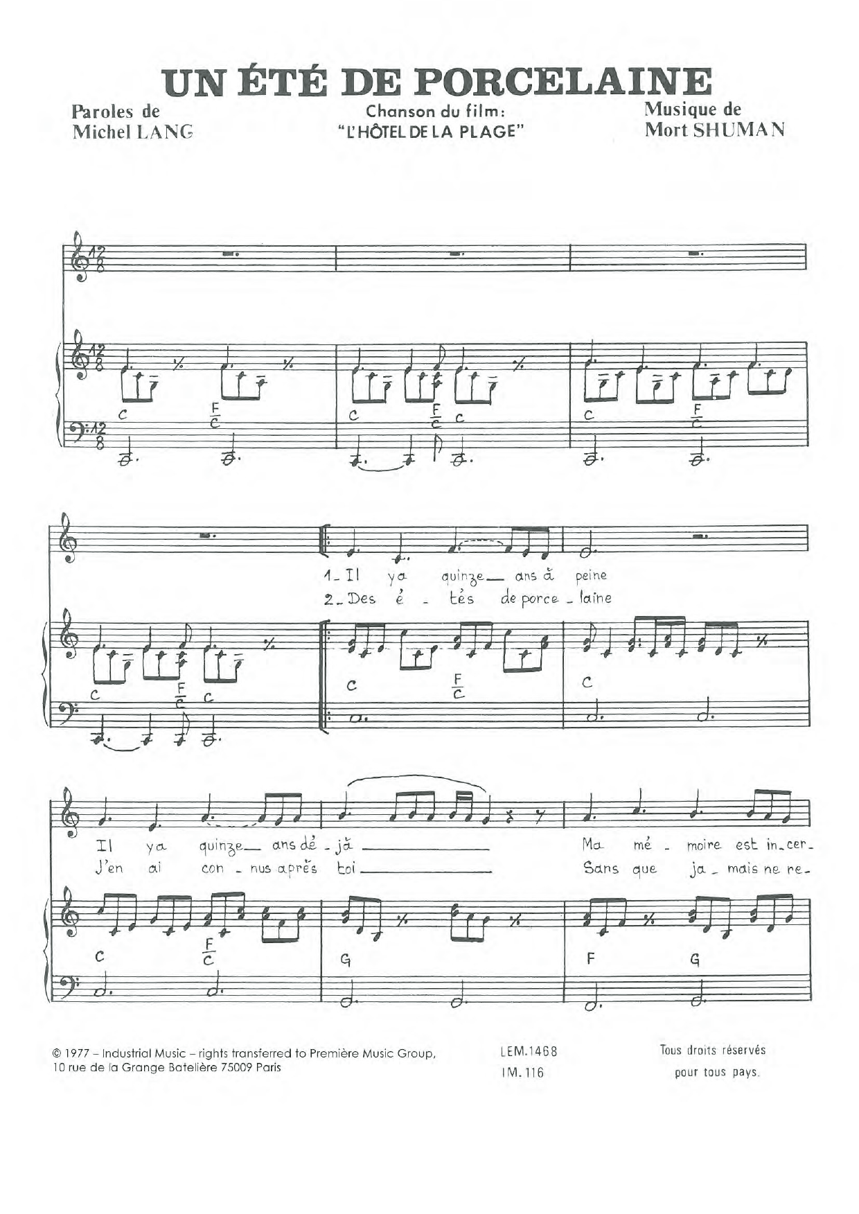 Mort Shuman Un Ete De Porcelaine sheet music notes and chords arranged for Piano & Vocal