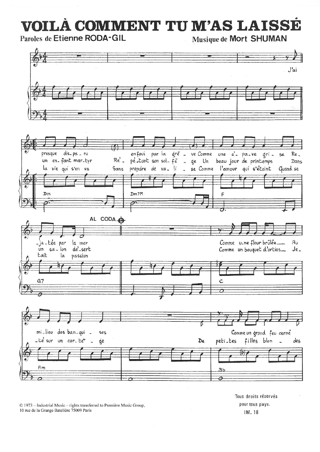 Mort Shuman Voila Comment Tu M'as Laisse sheet music notes and chords arranged for Piano & Vocal