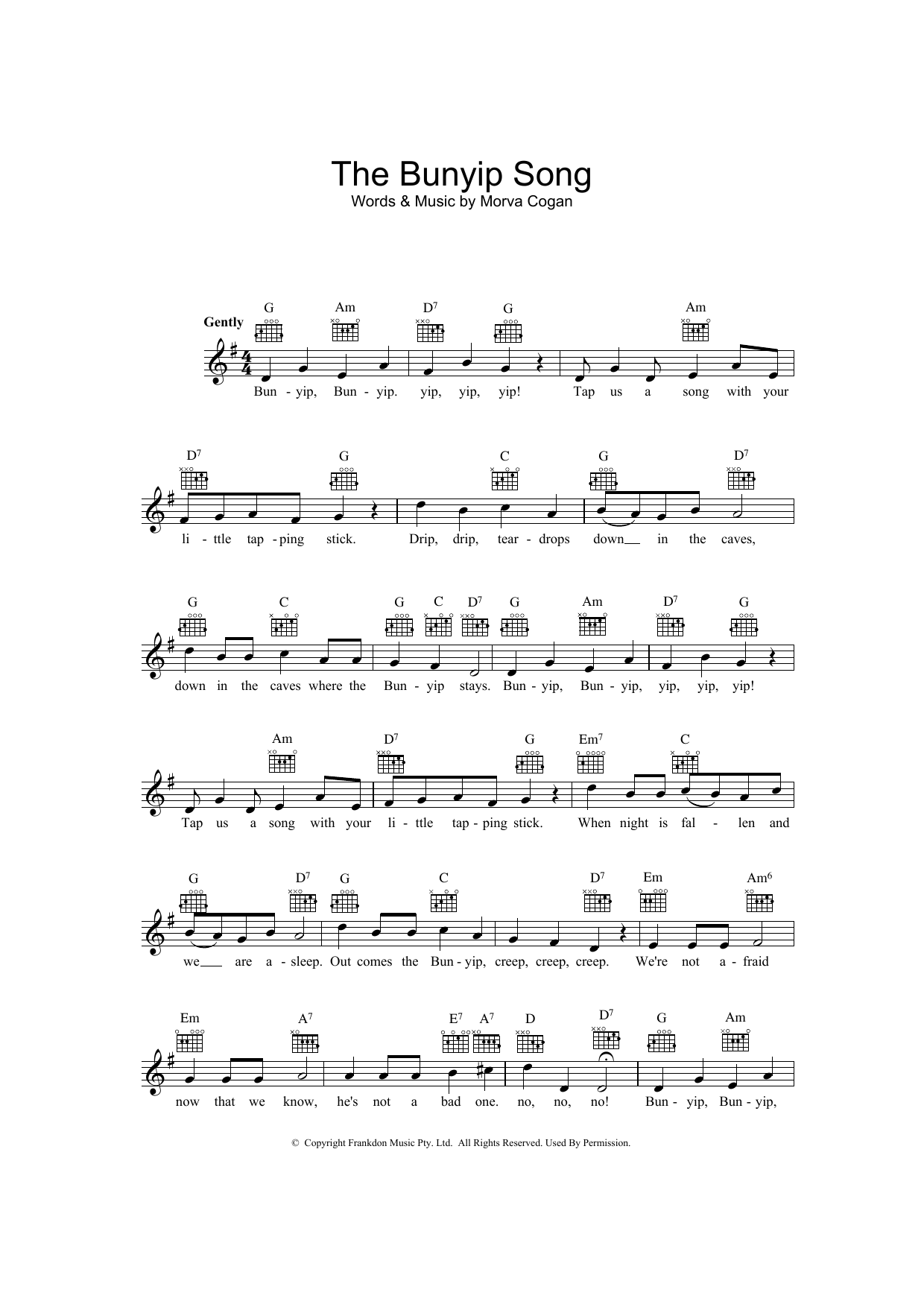 Morva Cogan The Bunyip Song sheet music notes and chords arranged for Lead Sheet / Fake Book
