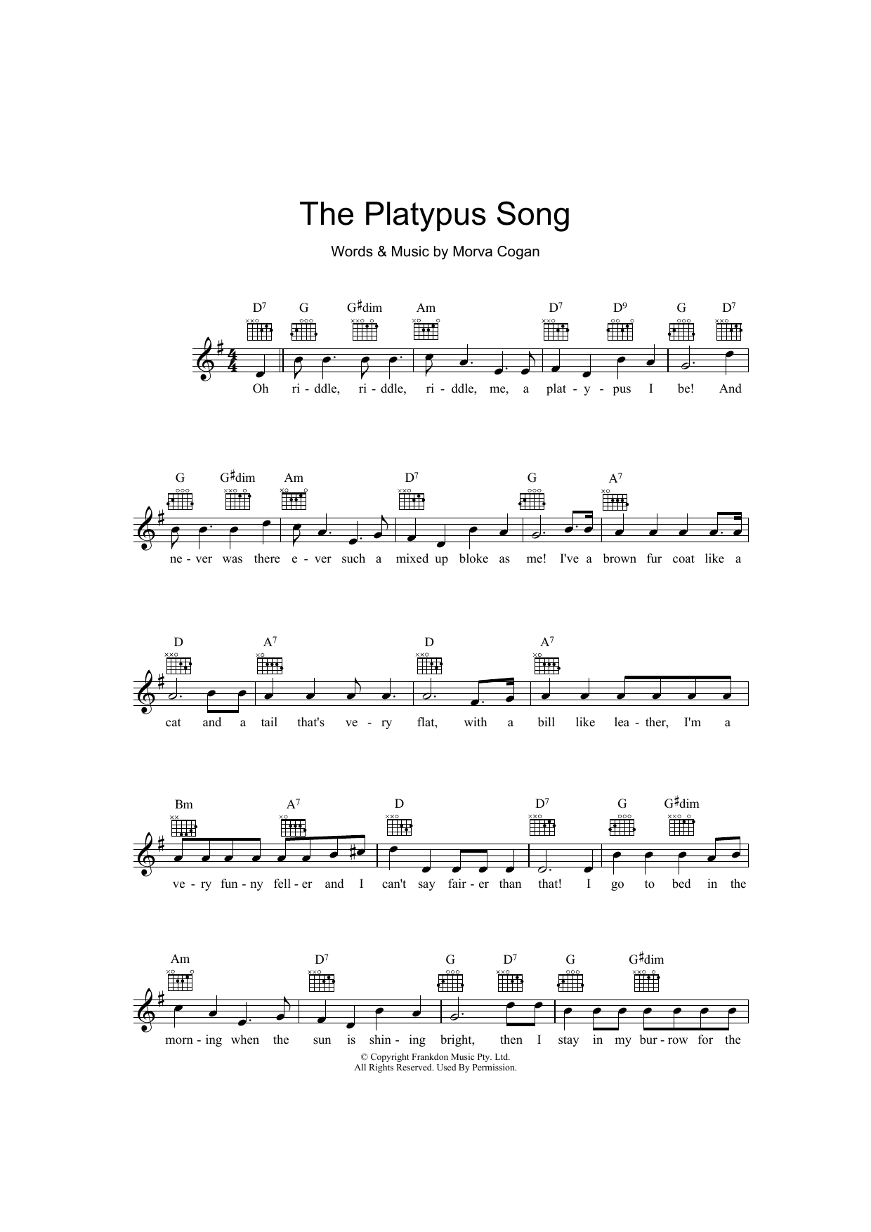 Morva Cogan The Platypus Song sheet music notes and chords arranged for Lead Sheet / Fake Book