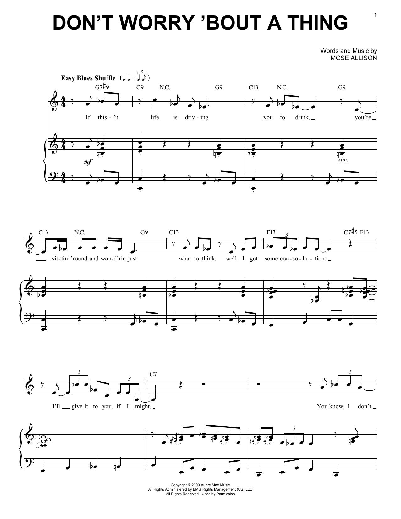 Mose Allison Don't Worry About A Thing sheet music notes and chords arranged for Piano & Vocal