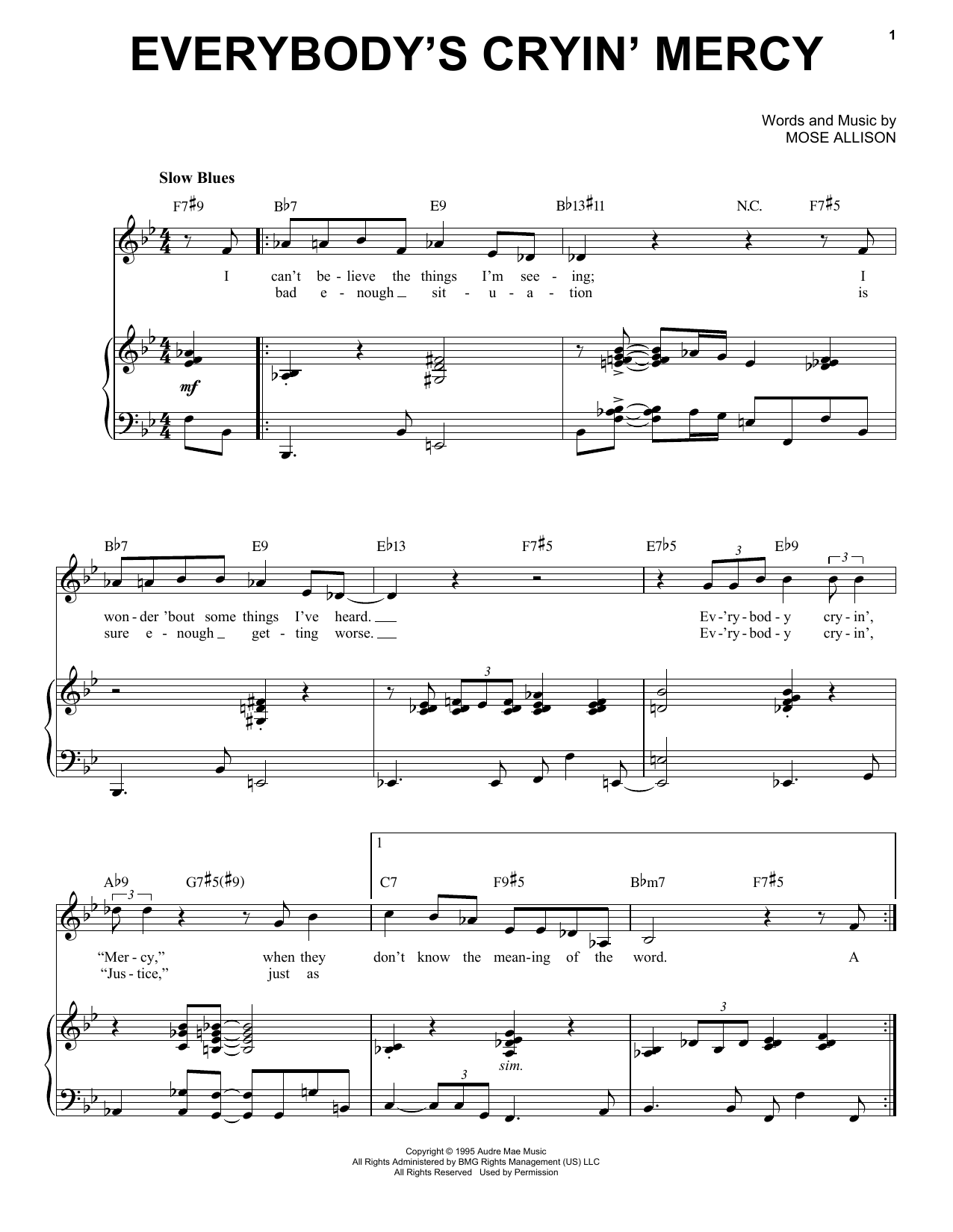Mose Allison Everybody's Cryin' Mercy sheet music notes and chords arranged for Piano & Vocal