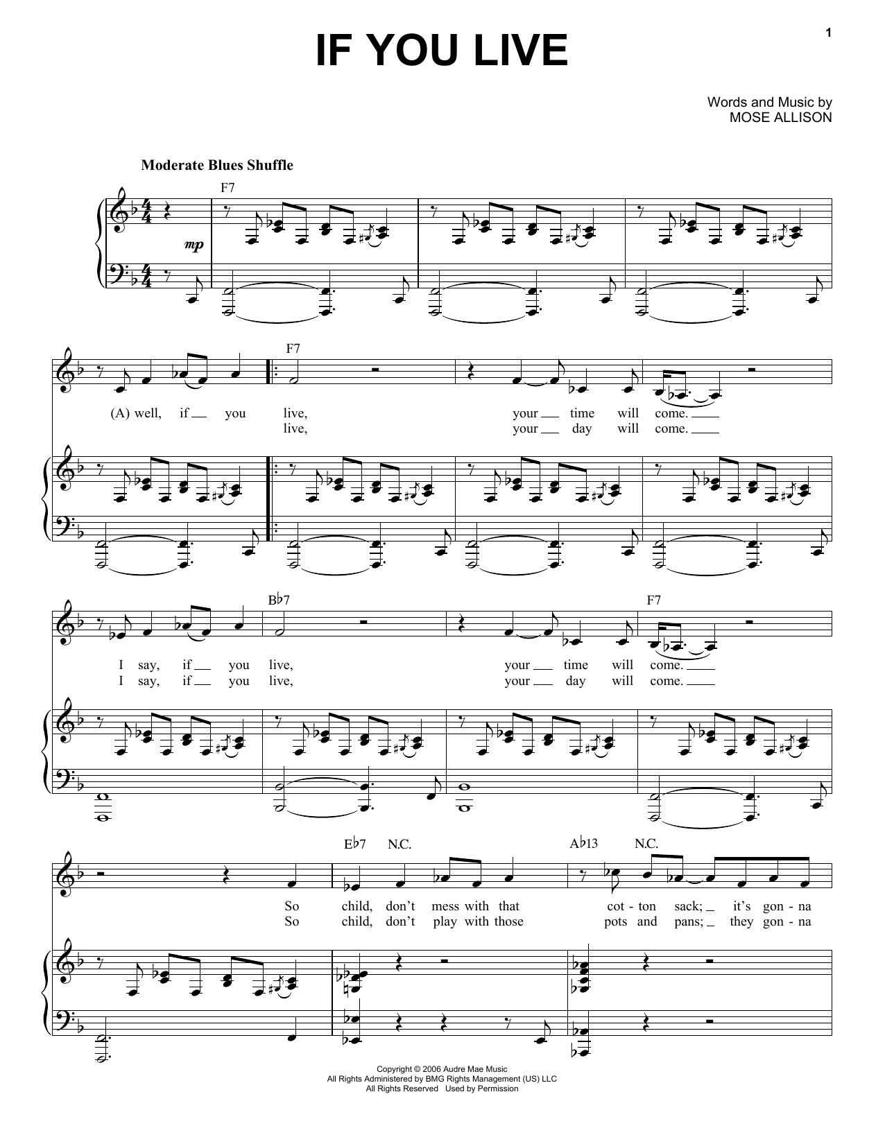 Mose Allison If You Live sheet music notes and chords arranged for Piano & Vocal