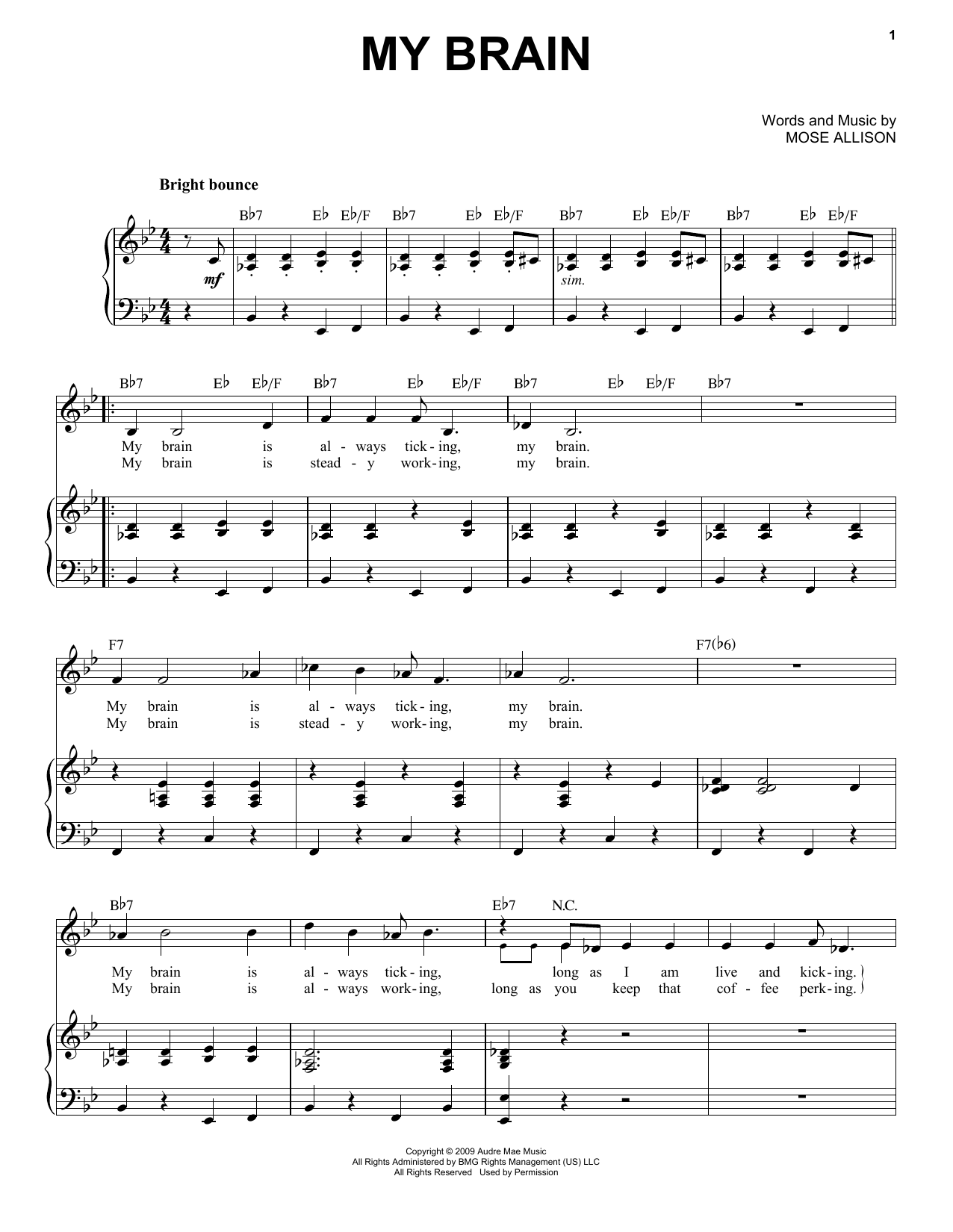 Mose Allison My Brain sheet music notes and chords arranged for Piano & Vocal