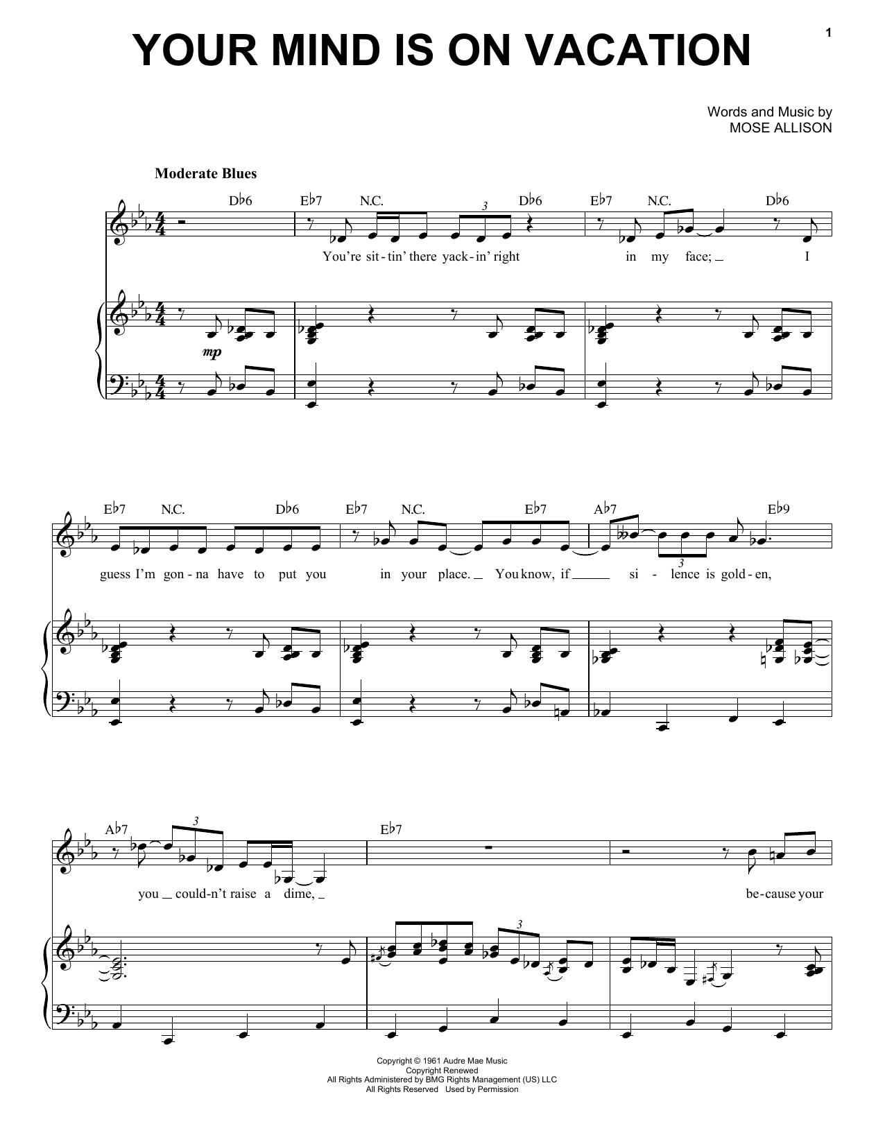 Mose Allison Your Mind Is On Vacation sheet music notes and chords arranged for Piano & Vocal