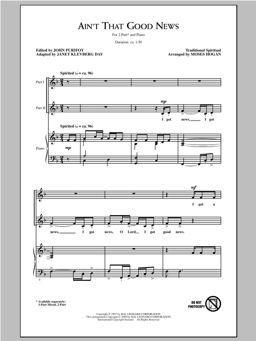 Moses Hogan Ain't That Good News sheet music notes and chords arranged for 2-Part Choir