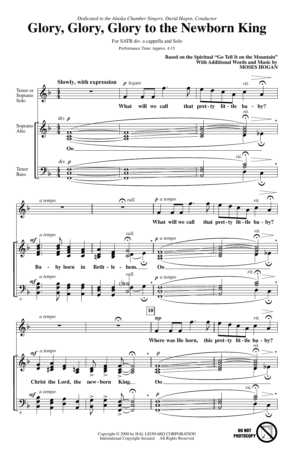 Moses Hogan Glory, Glory, Glory To The Newborn King sheet music notes and chords arranged for SATB Choir