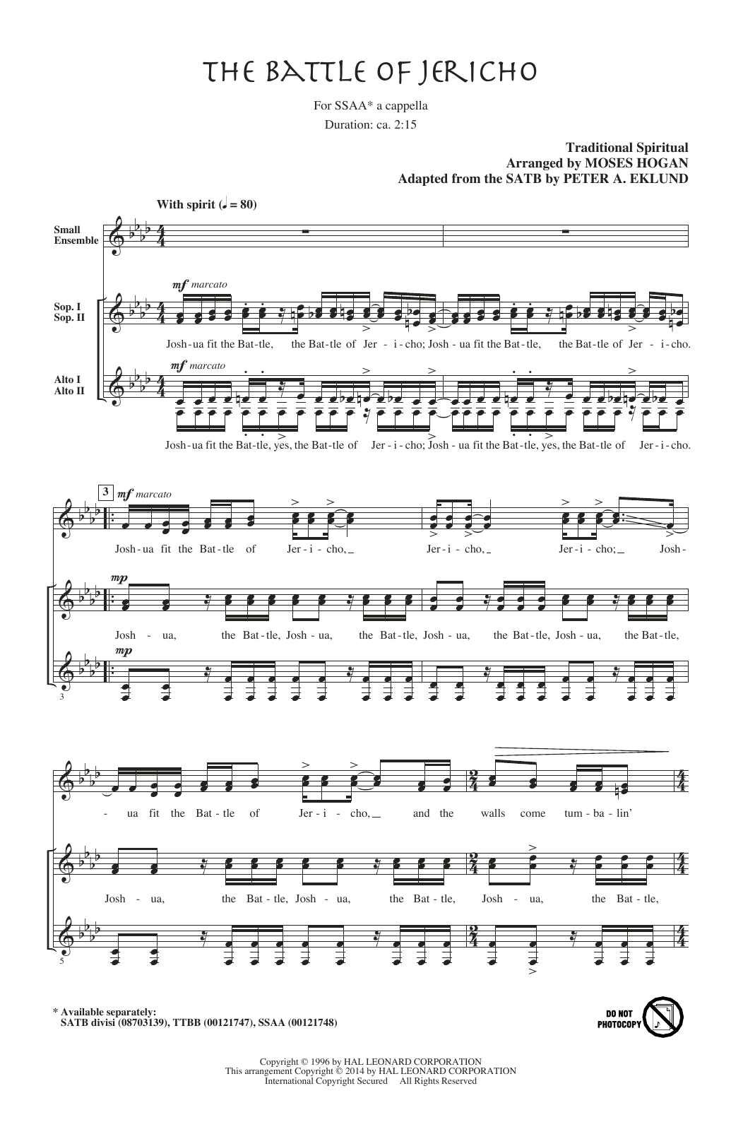 Moses Hogan Joshua (Fit The Battle Of Jericho) sheet music notes and chords arranged for SSA Choir