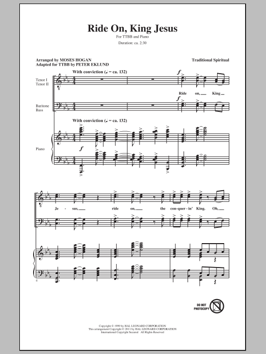 Moses Hogan Ride On, King Jesus sheet music notes and chords arranged for TTBB Choir