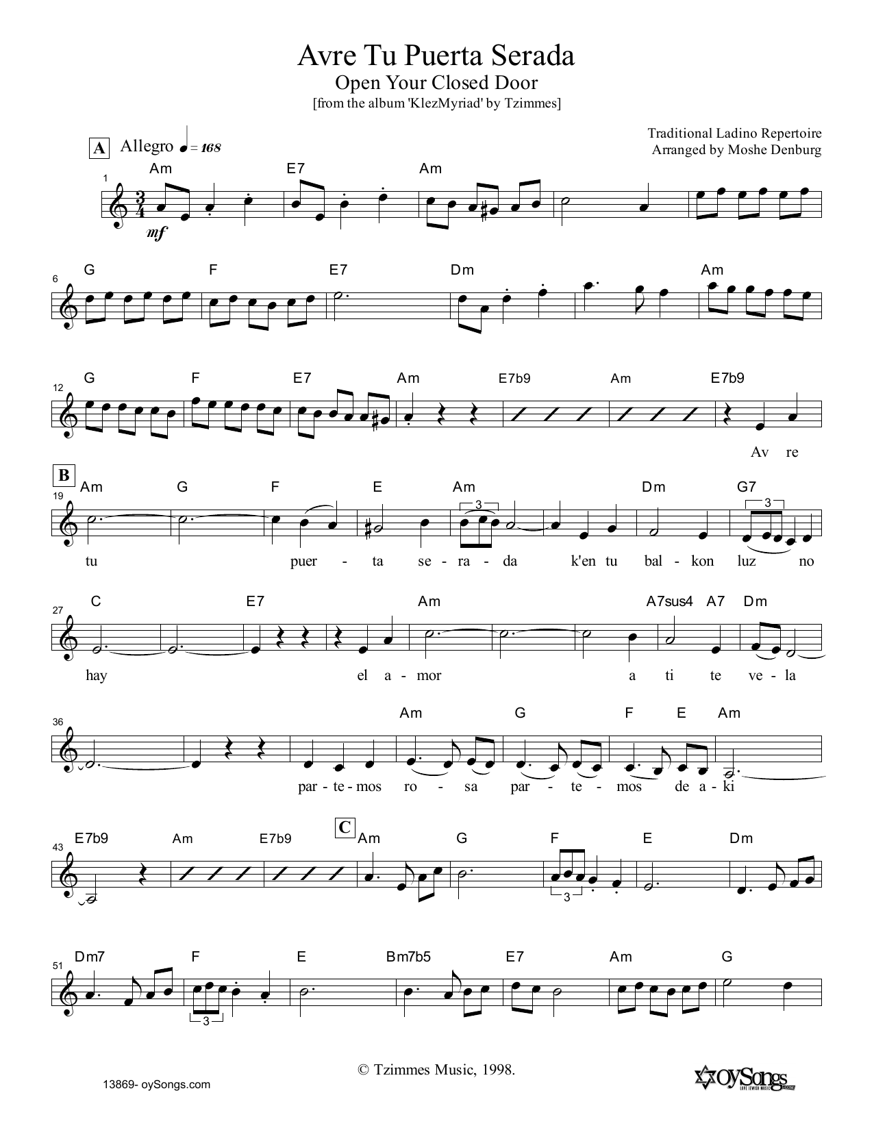 Moshe Denburg Avre Tu Puerta Serada sheet music notes and chords arranged for Lead Sheet / Fake Book