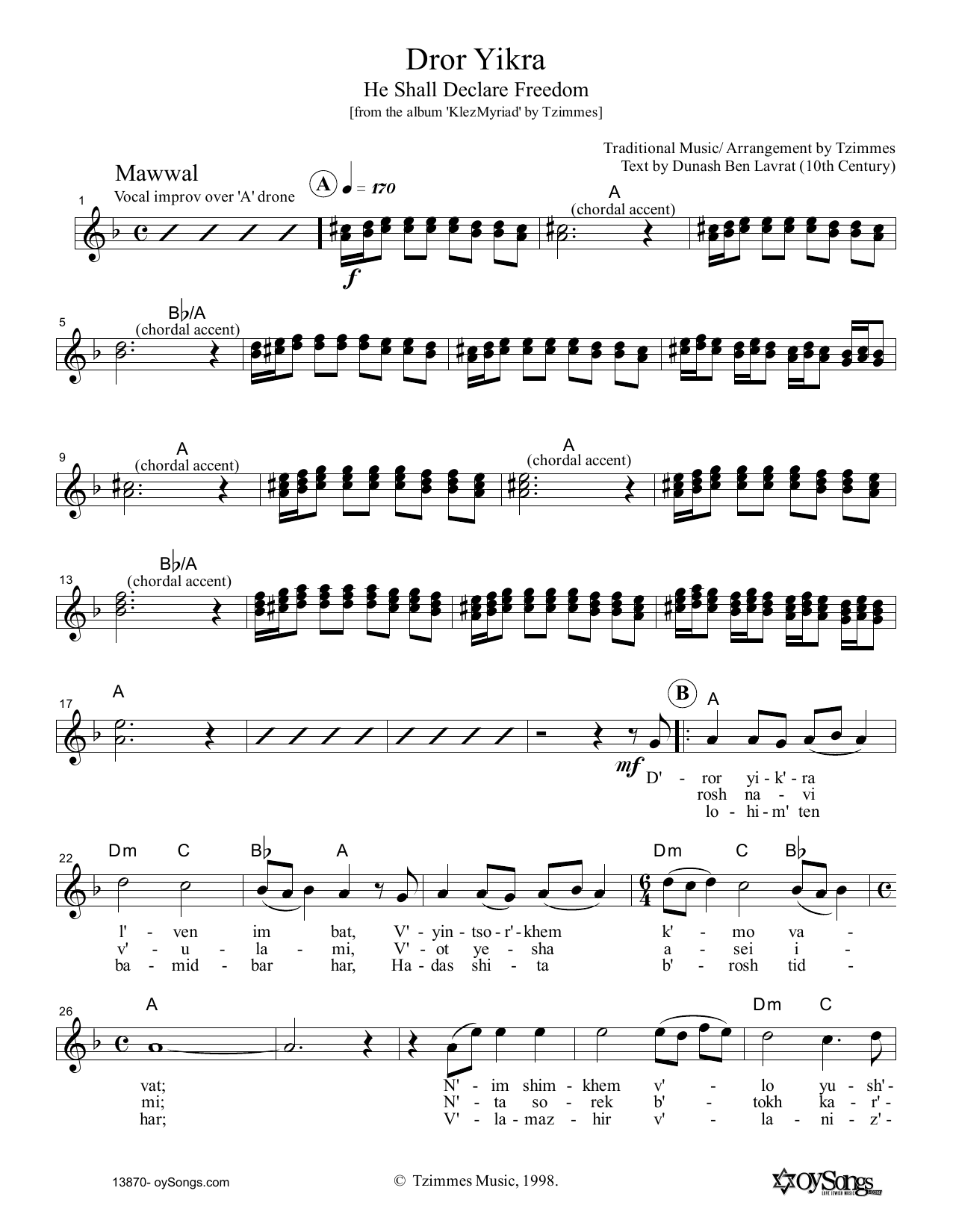 Moshe Denburg Dror Yikra sheet music notes and chords arranged for Lead Sheet / Fake Book