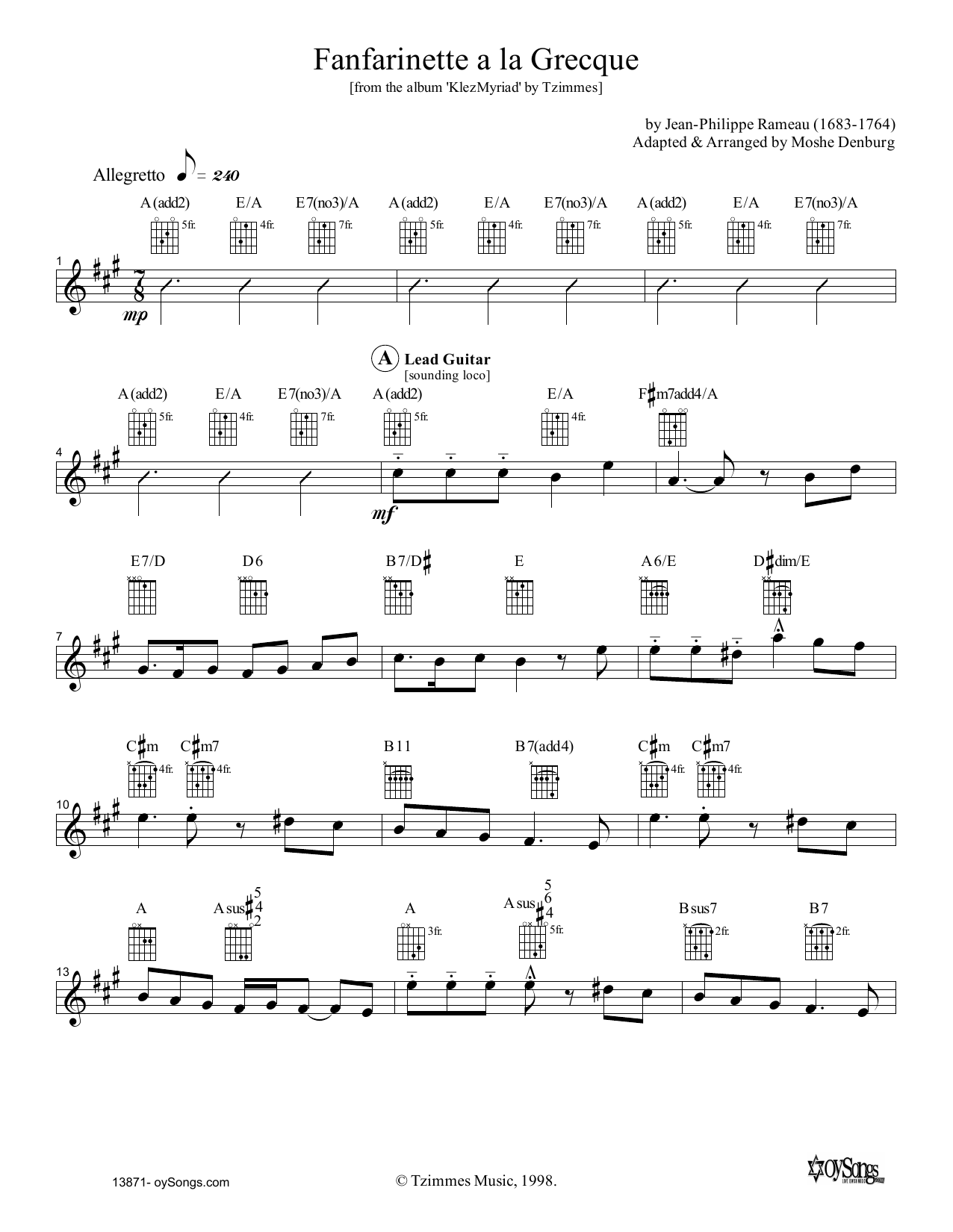 Moshe Denburg Fanfarinette a la Grecque sheet music notes and chords arranged for Lead Sheet / Fake Book
