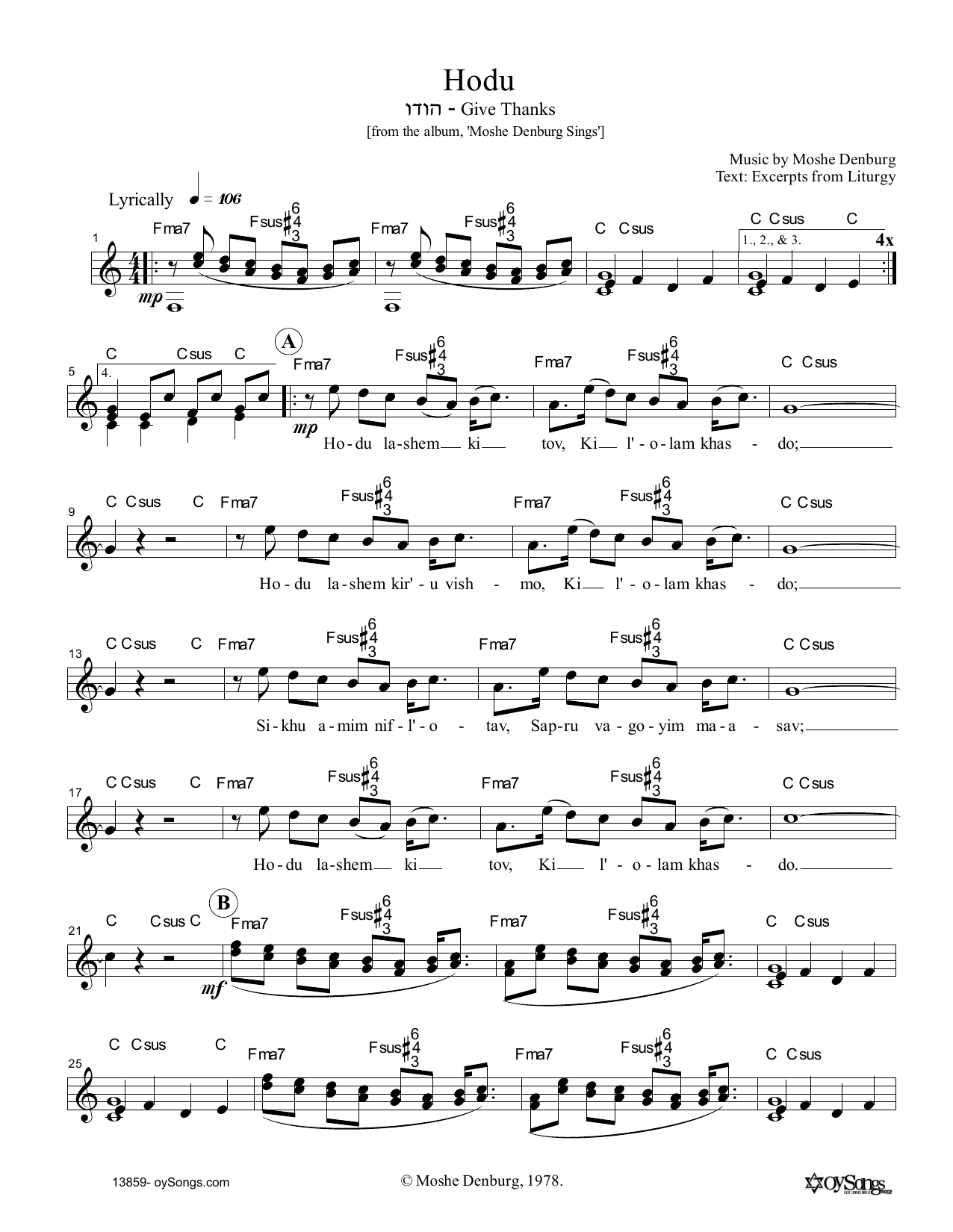 Moshe Denburg Hodu sheet music notes and chords arranged for Lead Sheet / Fake Book