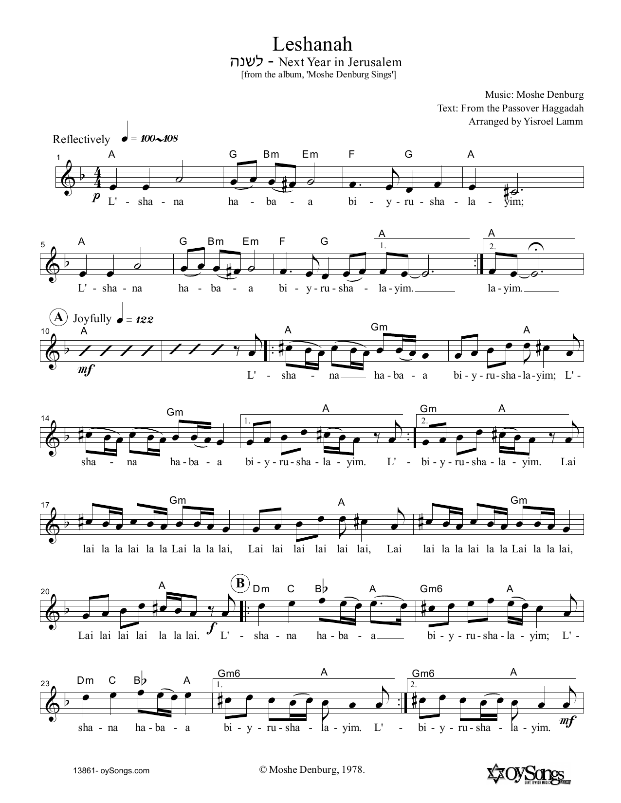Moshe Denburg Leshanah sheet music notes and chords arranged for Lead Sheet / Fake Book