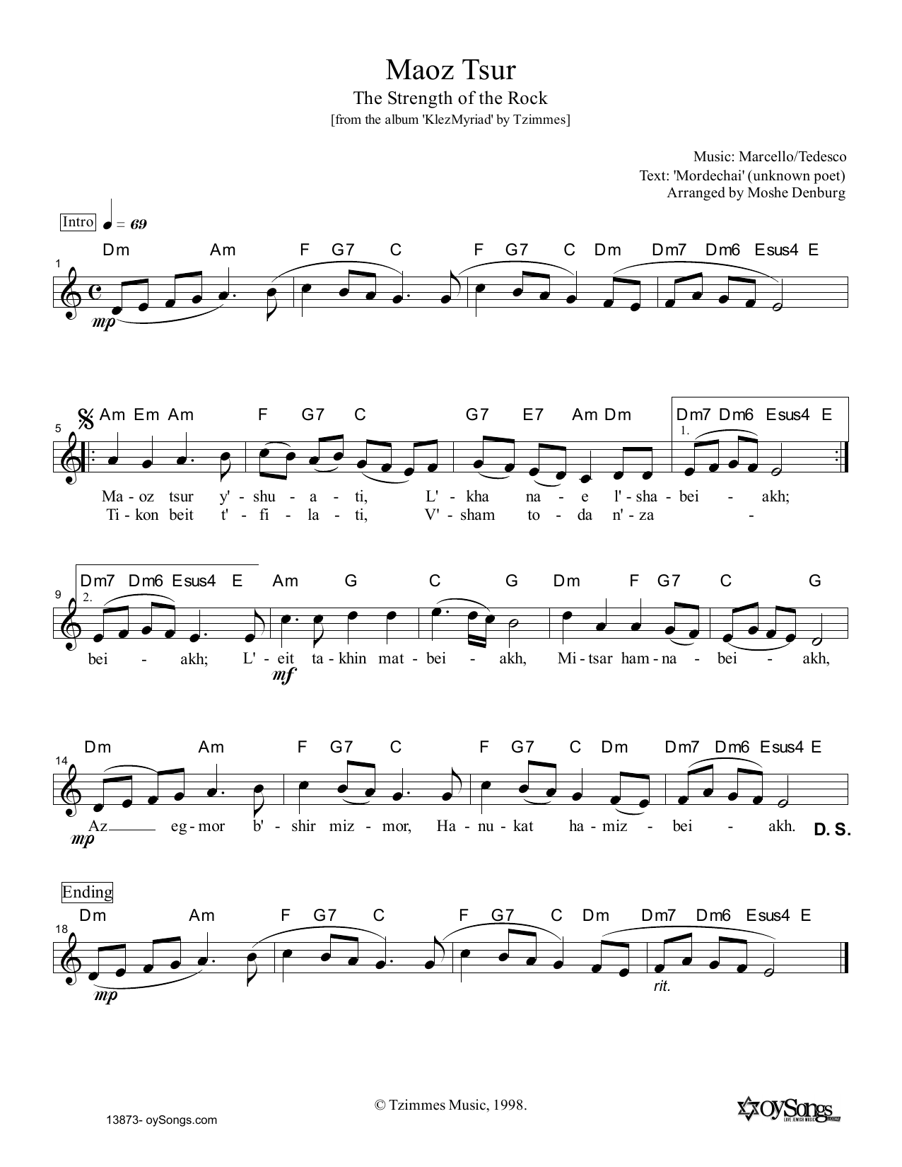 Moshe Denburg Maoz Tsur sheet music notes and chords arranged for Lead Sheet / Fake Book