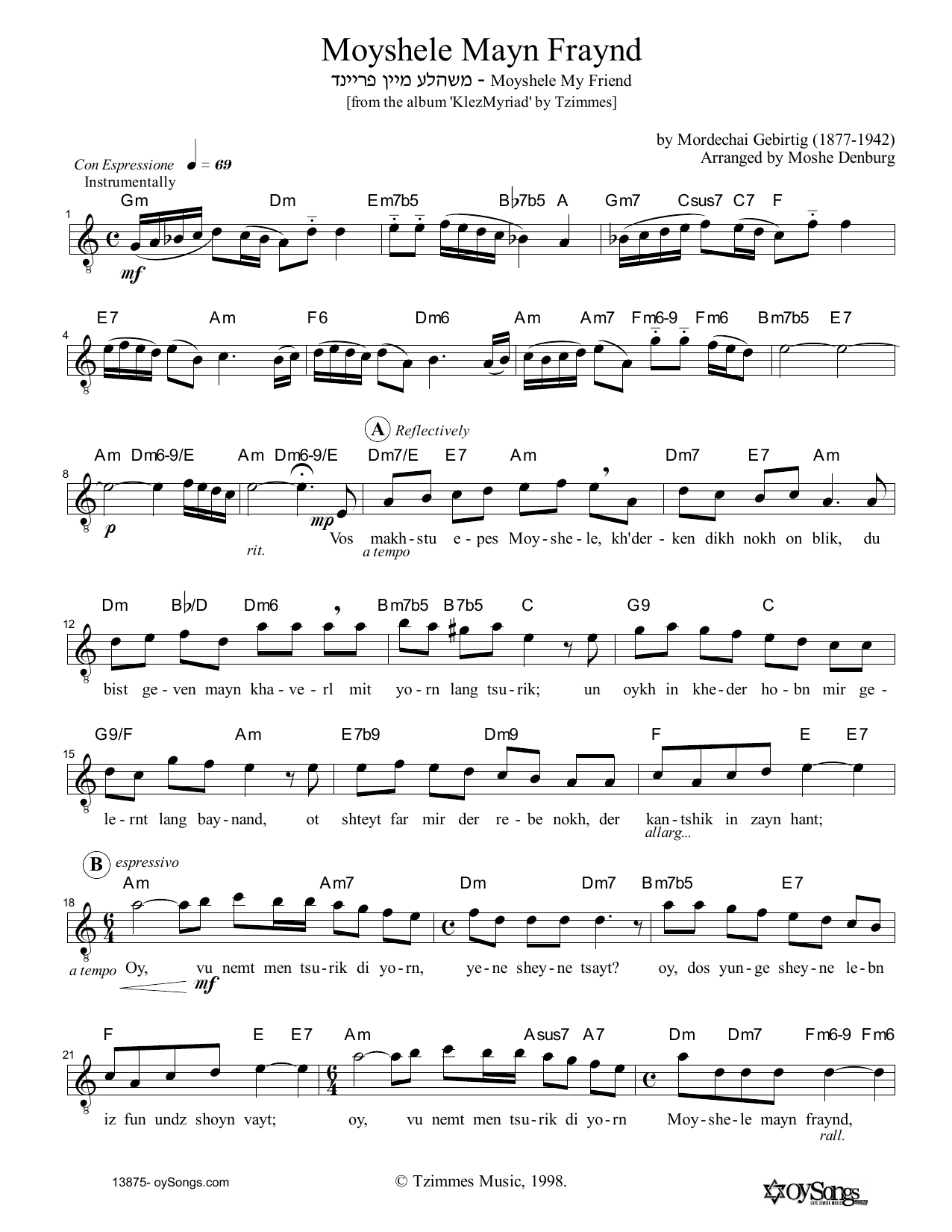 Moshe Denburg Moyshele Mayn Fraynd sheet music notes and chords arranged for Lead Sheet / Fake Book