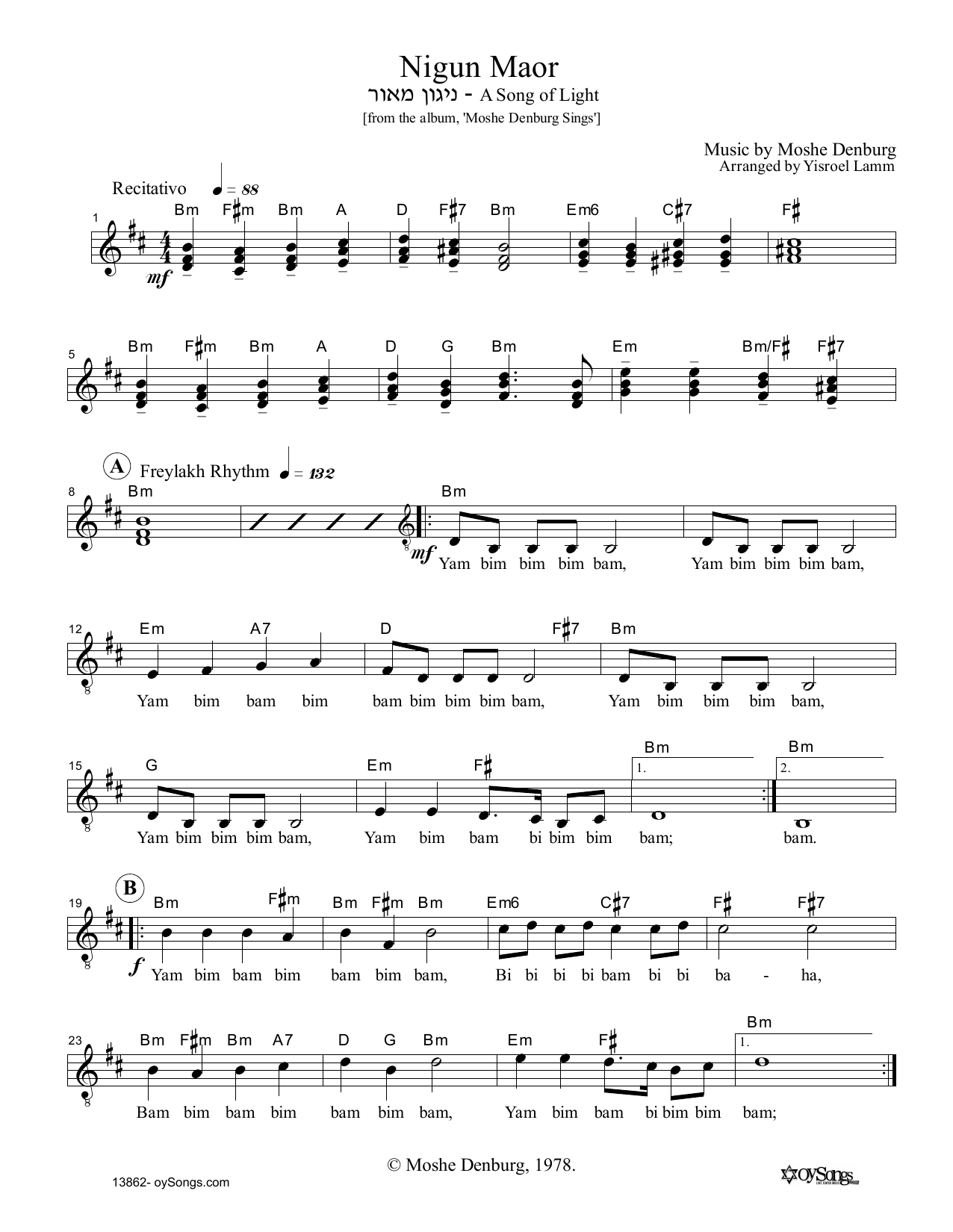 Moshe Denburg Nigun Maor sheet music notes and chords arranged for Lead Sheet / Fake Book