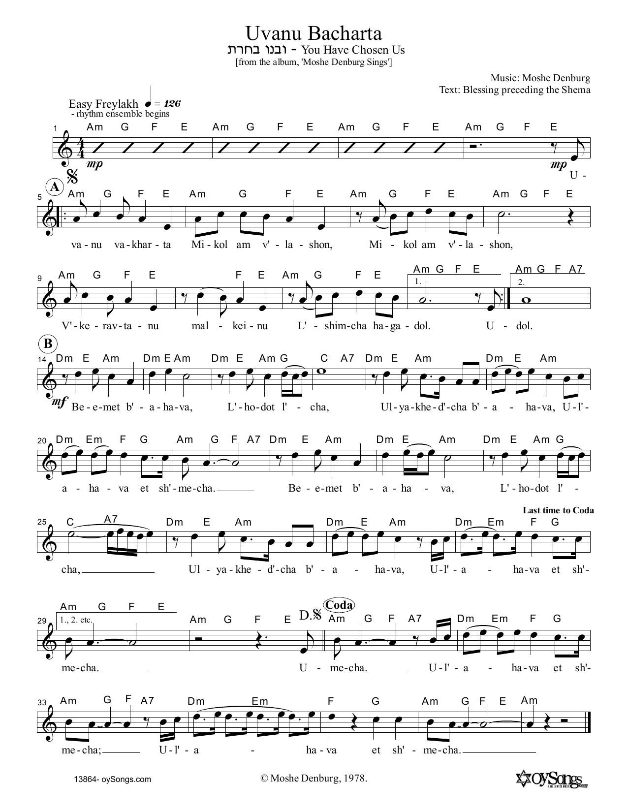 Moshe Denburg Uvanu Bacharta sheet music notes and chords arranged for Lead Sheet / Fake Book