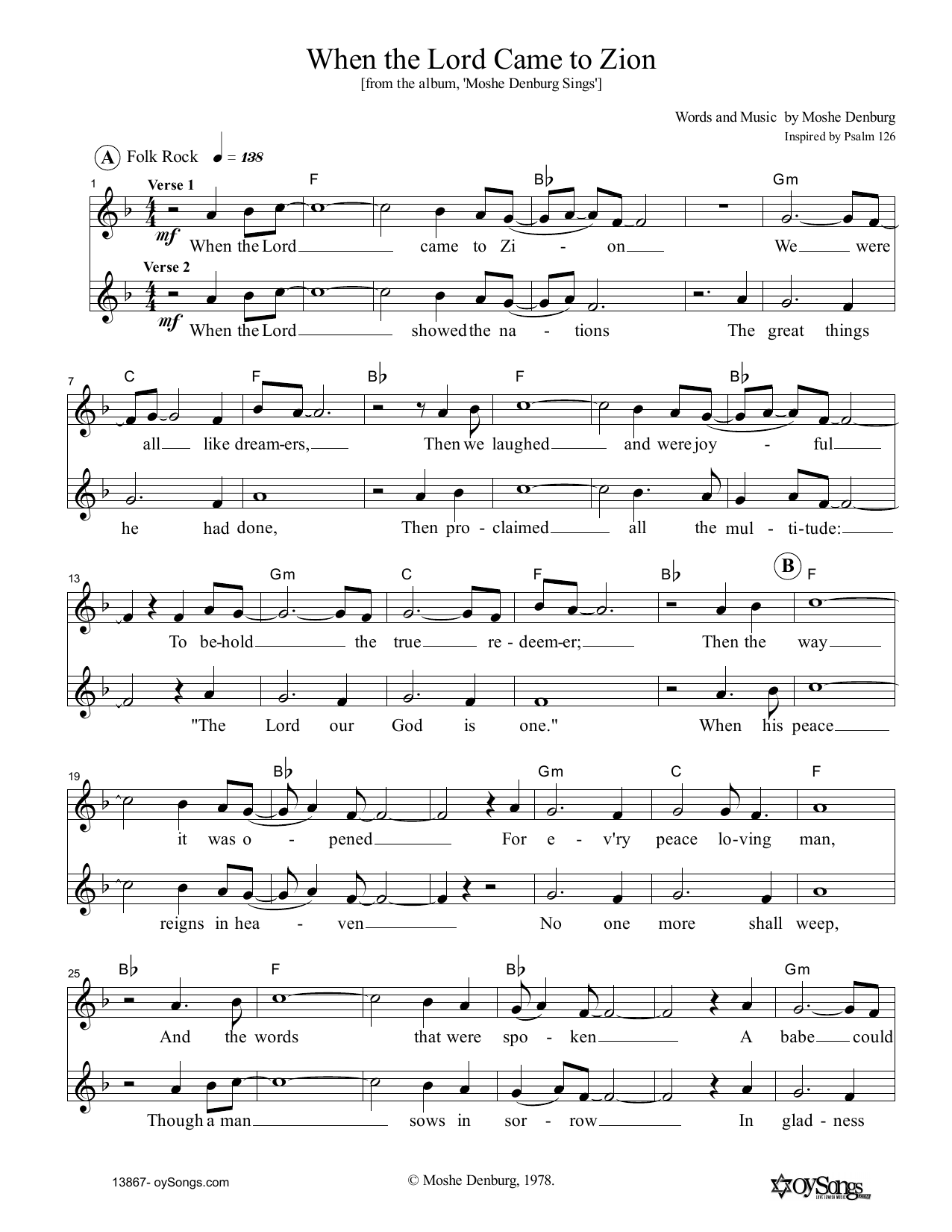 Moshe Denburg When The Lord Came To Zion sheet music notes and chords arranged for Lead Sheet / Fake Book