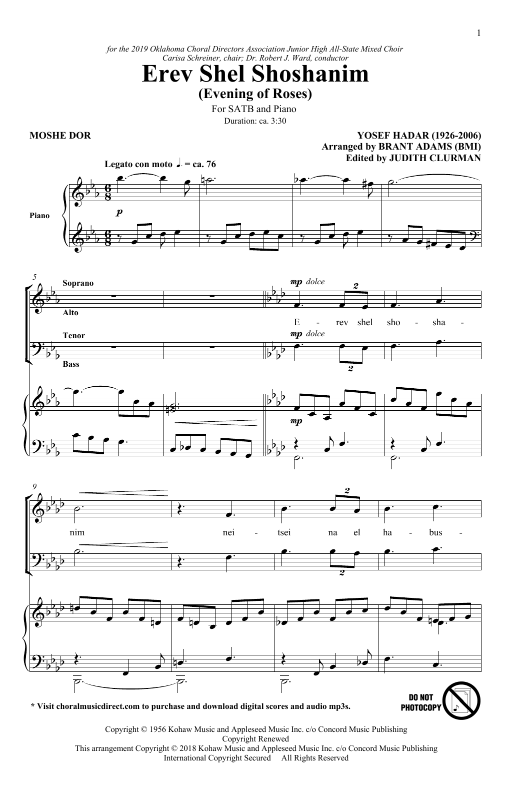 Moshe Dor & Yosef Hadar Erev Shel Shoshanim (arr. Brant Adams) sheet music notes and chords arranged for SATB Choir