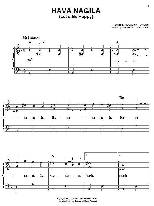 Moshe Nathanson Hava Nagila (Let's Be Happy) sheet music notes and chords arranged for 5-Finger Piano
