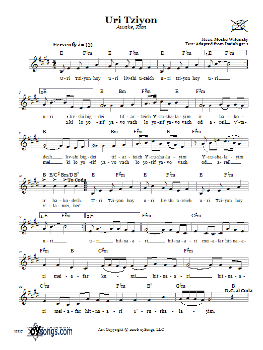 Moshe Wilensky Uri Tziyon (Awake, Zion) sheet music notes and chords arranged for Lead Sheet / Fake Book