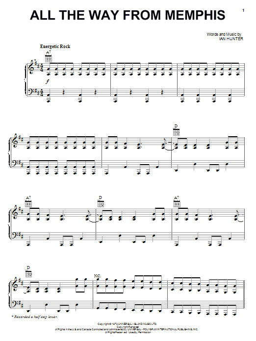 Mot The Hoople All The Way From Memphis sheet music notes and chords arranged for Piano, Vocal & Guitar Chords (Right-Hand Melody)
