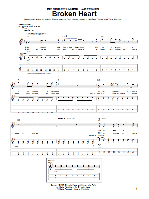 Motion City Soundtrack Broken Heart sheet music notes and chords arranged for Guitar Tab