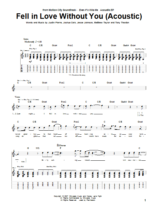 Motion City Soundtrack Fell In Love Without You (Acoustic Version) sheet music notes and chords arranged for Guitar Tab
