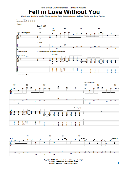 Motion City Soundtrack Fell In Love Without You sheet music notes and chords arranged for Guitar Tab